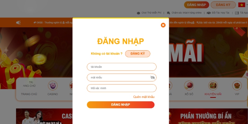 Bước đăng nhập tài khoản hội viên trên trang chủ 